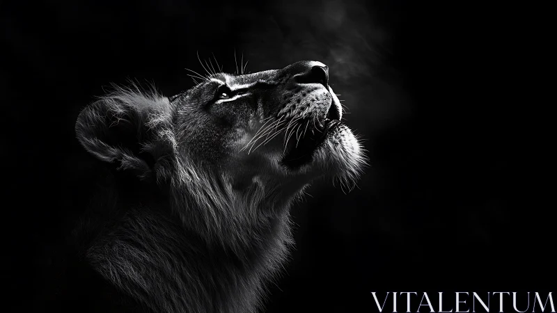 Side profile of lion in monochrome low key lighting.