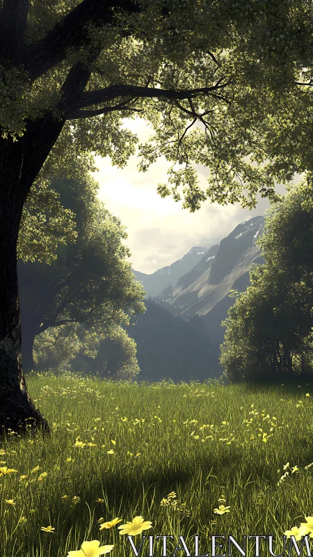 Sunlit mountain meadow is framed by foreground tree canopy