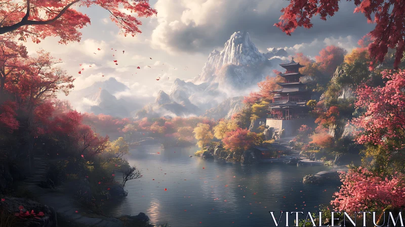 Mountain lake landscape presents pagoda among autumn trees