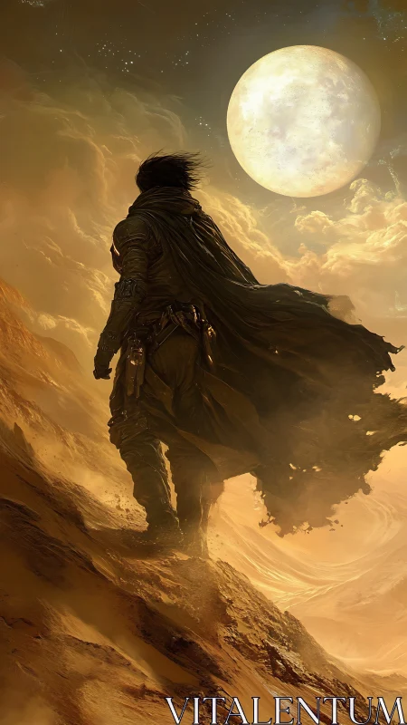 Cloaked wanderer climbs golden dune under colossal moon