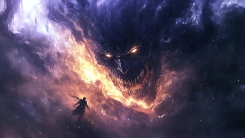 Dark cloud demon looms over lone warrior in blazing vortex