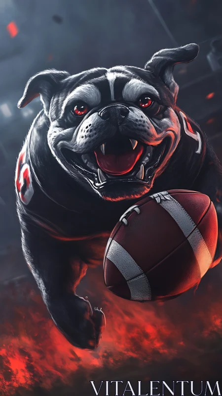 Bulldog mascot carrying football over red illuminated field.