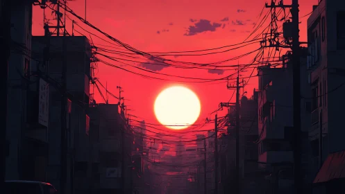 Red urban sunset over silhouetted buildings and cables.