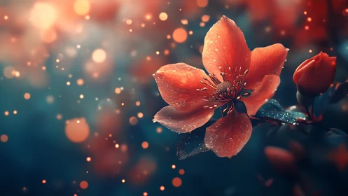Luminous Red Flower with Dewdrops in Dreamlike Bokeh.