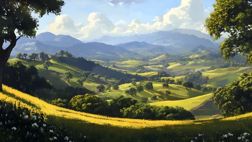 Sunlit valley quilt of rolling hills under drifting clouds.