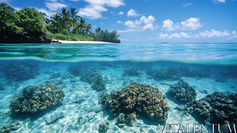 Split-level tropical reef scene captures coral topography and shoreline