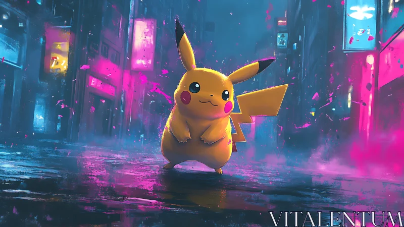 Pikachu stands in neon cyberpunk city street at night.