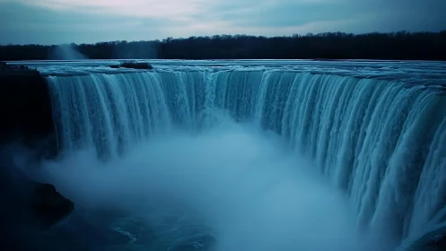 Massive blue waterfall edge with misty plunge at dusk.