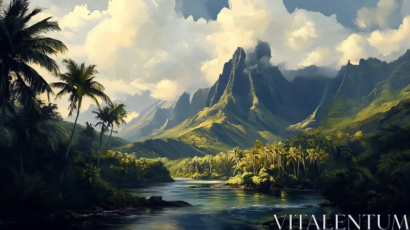 Tropical Valley with Dramatic Peaks and Lush Palms.