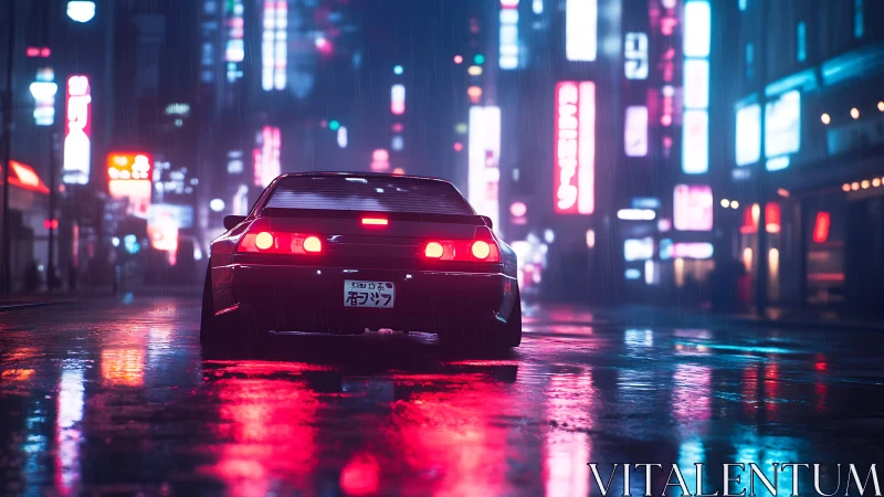 Neon drenched sports car idles in rain soaked cyberpunk street