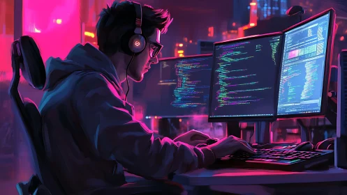 Programmer coding at dual monitors in neon office.