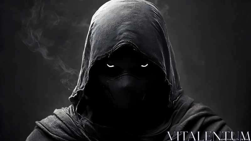 Mysterious hooded figure with glowing eyes in the shadows.