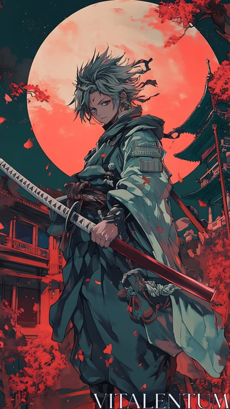 Stoic anime swordsman under large red moon at dusk.