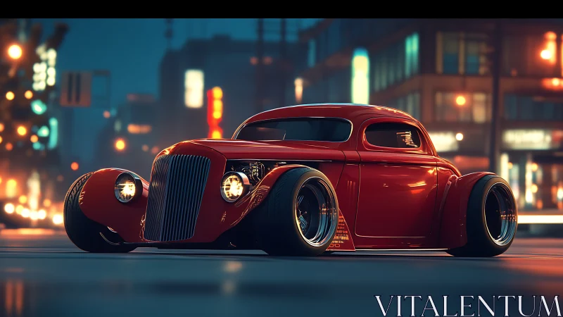 Low-slung red hot rod gliding through a dreamy night city.