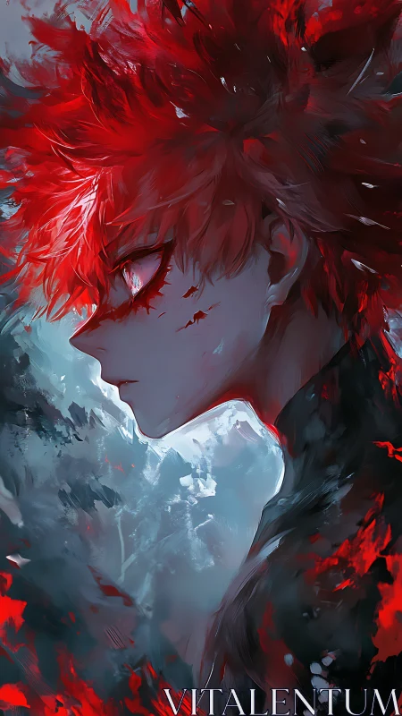 Red-haired anime warrior profile ignites frozen twilight