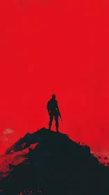 Minimalist digital painting of lone armed figure on summit.