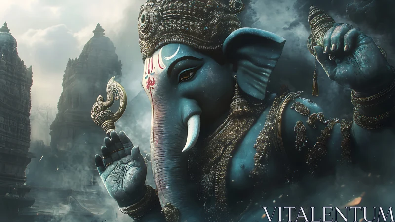 Elephant-headed deity statue before misty stone temples.