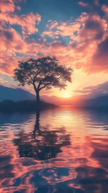 Solitary lakeside tree reflects in vivid sunset water glow