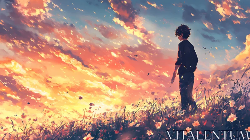 Solitary youth on wildflower hill under blazing sunset sky.