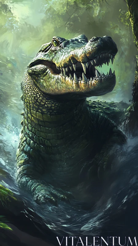 Digital painting of predatory crocodile emerging from river gorge.