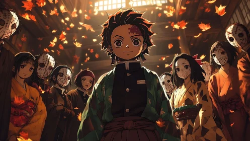 Autumn-lit anime hero encircled by masked disciples indoors.