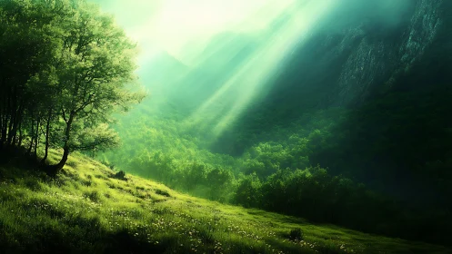 Sunlit forest valley slopes glow under soft green haze
