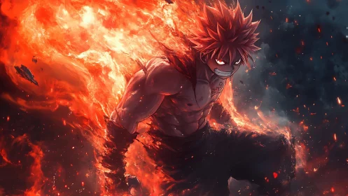 Fire-kissed warrior strides from molten dusk with fierce joy