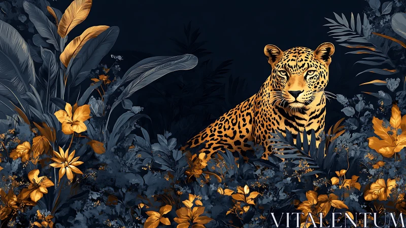Leopard waits in stylized jungle foliage with gold accents