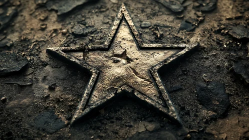 Weathered metal star rests embedded in cracked earth