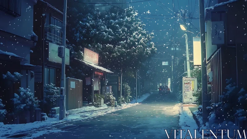 Snowfall softens a quiet Japanese alley under neon light.