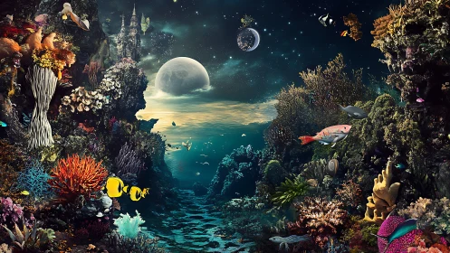 Fantasy undersea cosmos with lunar-lit coral architecture.