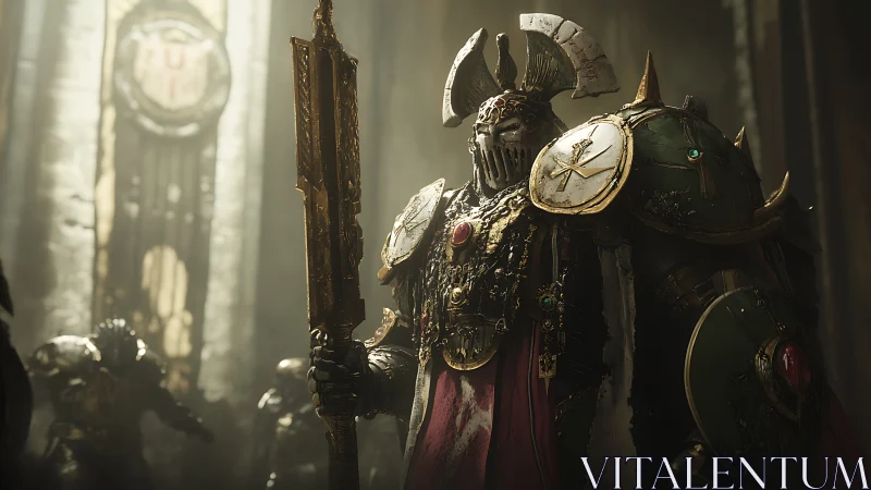Baroque armored warlord in cathedral light with gold staff.