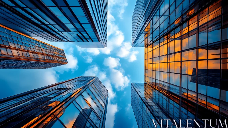 Skyward city towers glowing with warm sunset reflections.