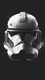 Steel visor remembers distant battles in monochrome silence