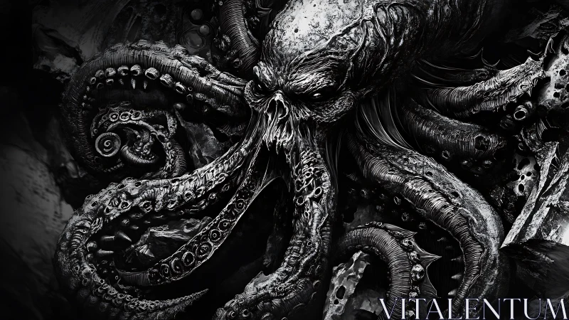 Monochrome eldritch cephalopod rendered with hyper-detailed textures