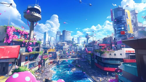 Cyberpunk riverside megacity with neon flora integration.