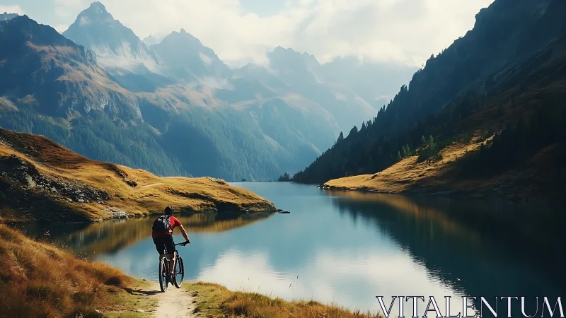 Mountain Cyclist Discovers Alpine Lake at Golden Hour