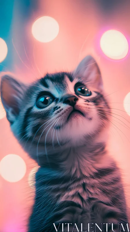 Feline upward gaze with bokeh lighting effect.