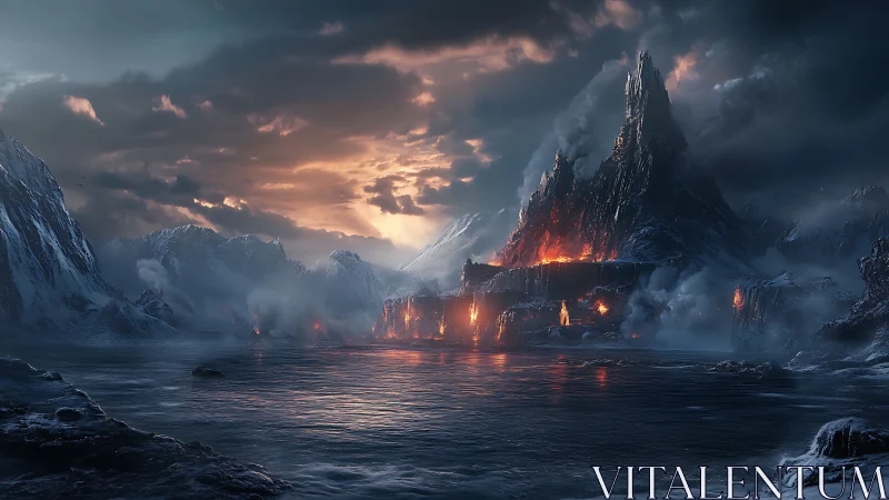 Volcanic fortress ignites frozen coastline under storm sky