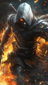 Hooded fire assassin charges through blazing inferno.
