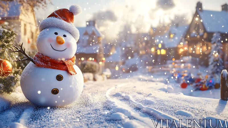 Smiling snowman brightens a glowing winter village evening.