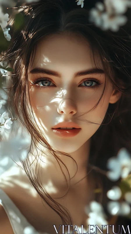 Photorealistic portrait of young woman amid soft blossom bokeh