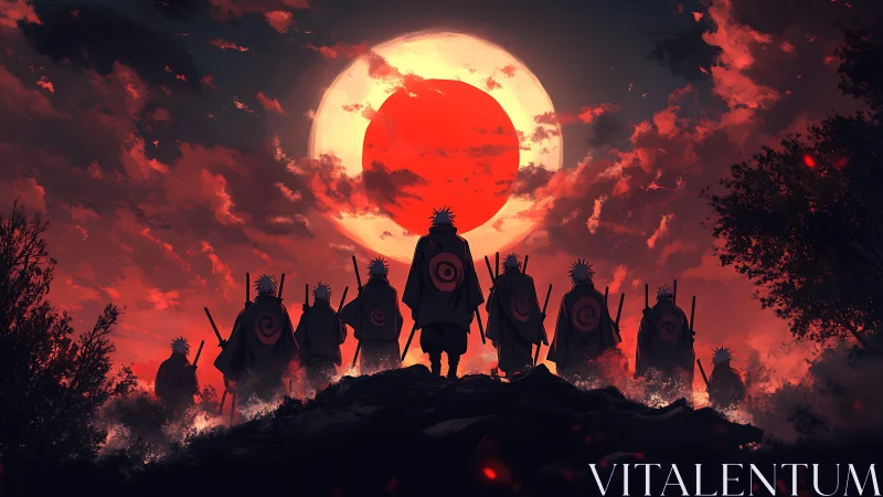 Cinematic anime warriors under eclipsed crimson sunscape.