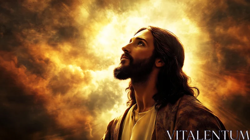 Gentle robed figure gazing upward into warm heavenly light.