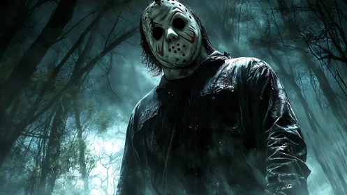 Masked figure in wet shirt standing in dim forest clearing.