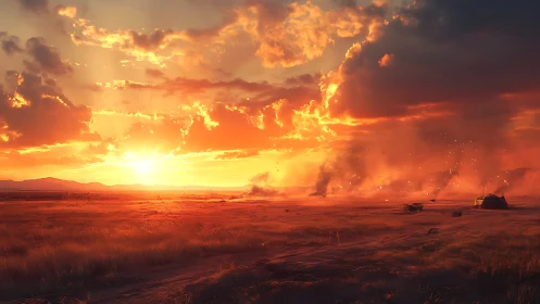 Blazing wasteland sunset ignites drifting embers and dust storms.