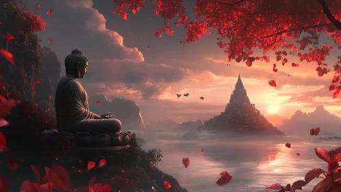 Buddha statue by lake facing distant temple at sunset.