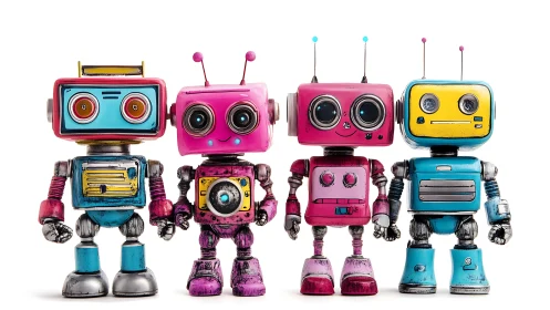 Playful quad of retro-styled toy robots in vivid colors.