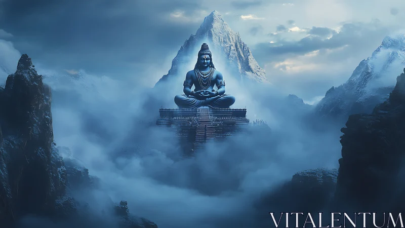 Sky-borne blue deity meditating above mist-laden peaks.