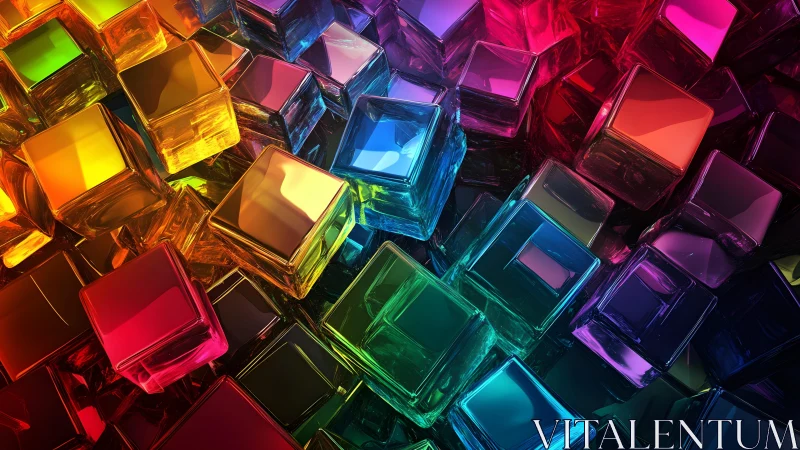 Colorful glass cubes tumbling through glowing neon light.